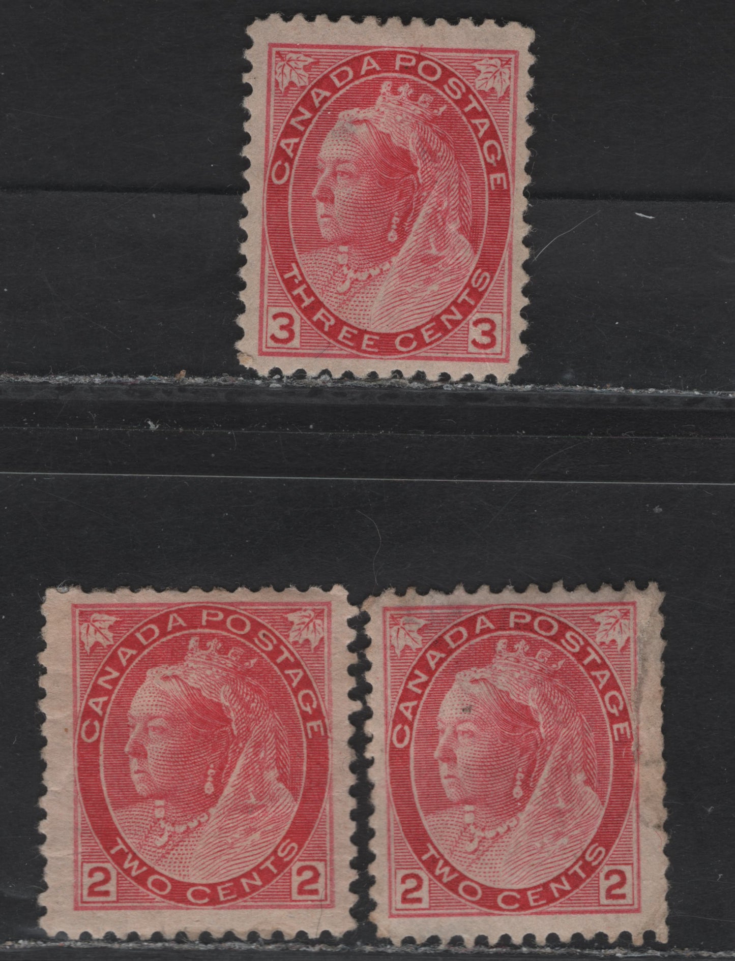 Lot 133 (C) Canada #77, 77a, 78 2c - 3c Pale Carmine - Carmine Queen Victoria, 1898-1902 Numeral Issue, 3 Fair/Very Good/Fine Used Singles, Various Papers & Perfs, Mild to Severe Faults