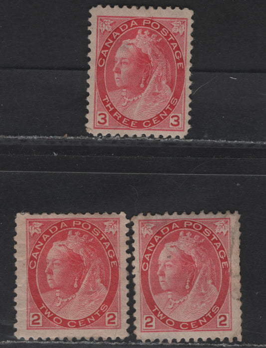 Lot 133 (C) Canada #77, 77a, 78 2c - 3c Pale Carmine - Carmine Queen Victoria, 1898-1902 Numeral Issue, 3 Fair/Very Good/Fine Used Singles, Various Papers & Perfs, Mild to Severe Faults