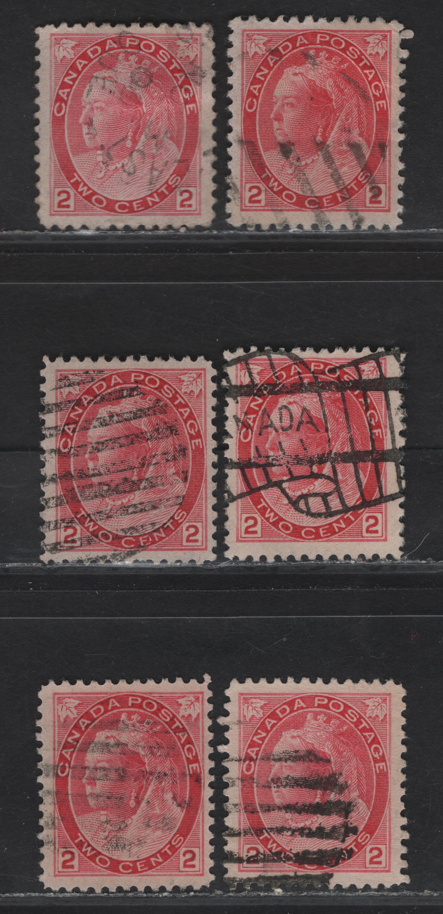 Lot 134 (C) Canada #77 2c Carmine Rose Queen Victoria, 1898-1902 Numeral Issue, 6 Very Fine Used Singles, Different Papers & Perfs