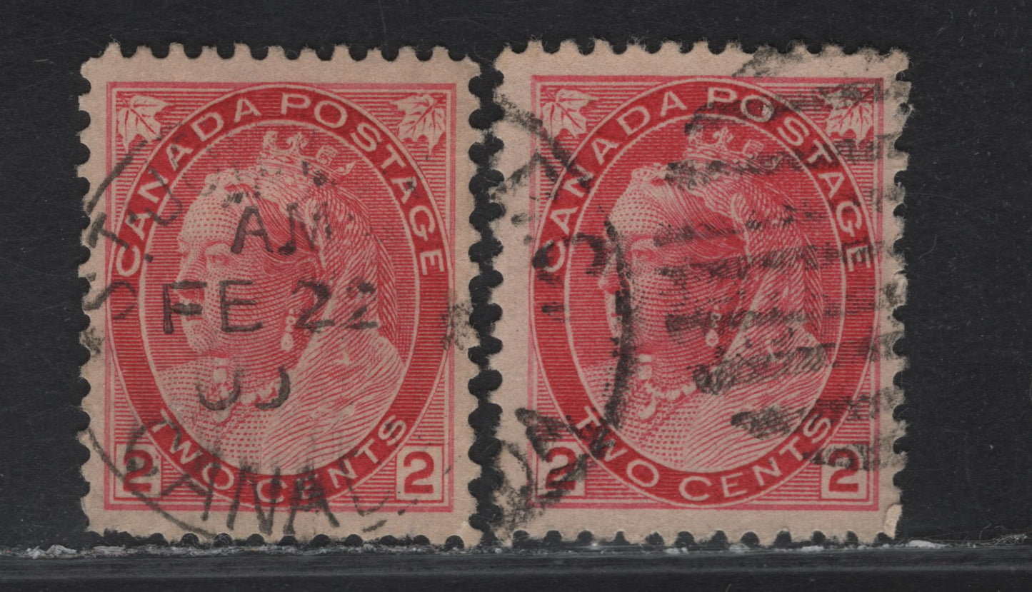 Lot 135 (C) Canada #77var 2c Carmine & Deep Carmine Rose Queen Victoria, 1898-1902 Numeral Issue, 2 Very Fine Used Singles, Die 1, Paper ABN-PP, Unchecked As To Perfs.