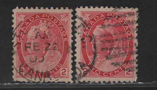 Lot 135 (C) Canada #77var 2c Carmine & Deep Carmine Rose Queen Victoria, 1898-1902 Numeral Issue, 2 Very Fine Used Singles, Die 1, Paper ABN-PP, Unchecked As To Perfs.