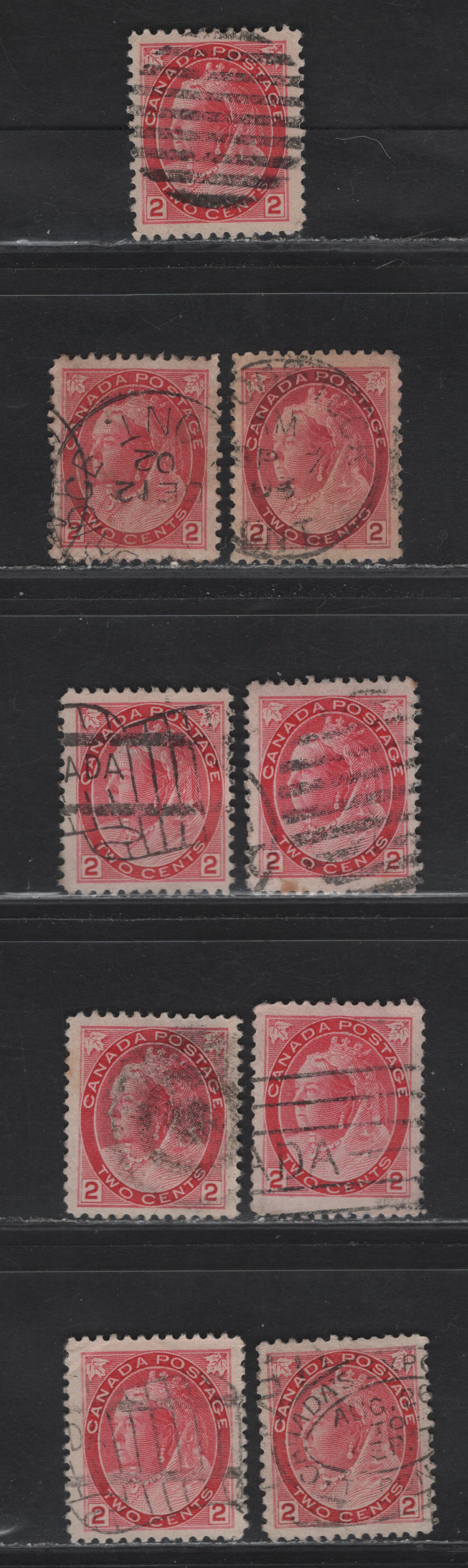 Lot 136 (C) Canada #77-78 2c Carmine - Carmine Rose Queen Victoria, 1898-1902 Numeral Issue, 9 Fine/Very Fine Used Singles, Different Shades Compared To Lot 135, Includes Two Squat Printings On Horizontal Wove Paper