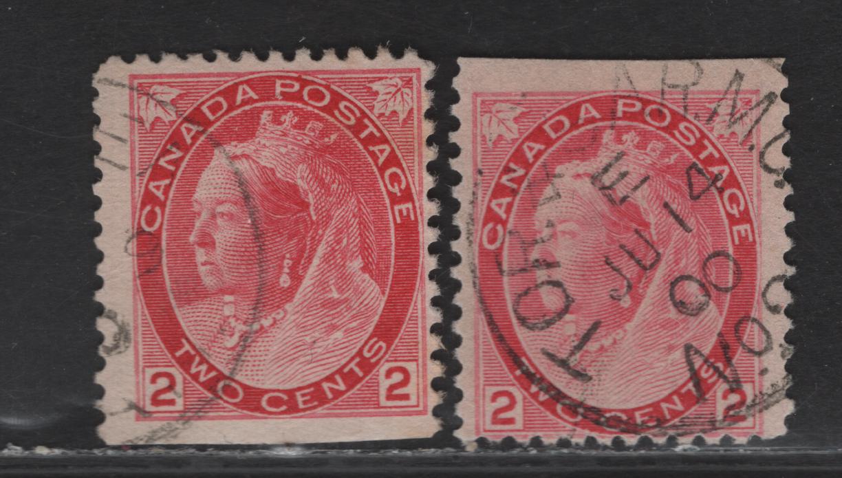 Lot 137 (C) Canada #77bs var 2c Bright Carmine Red & Bright Carmine Rose, 1898-1902 Queen Victoria Numeral Issue, 2 Fine Used Booklet Singles With Natural Straight Edges. Die I, On Paper ABN-RR & ABN-X. Perf 12x11.9 & 11.9
