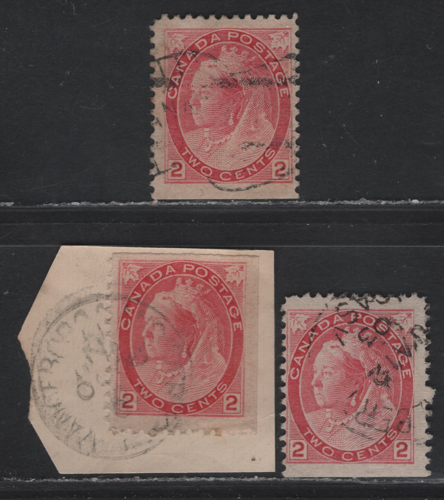 Lot 139 (C) Canada #77bs 2c Carmine Rose, 1898-1902 Queen Victoria Numeral Issue, 3 Fine Used Booklet Singles Die 2, 1 On Piece, All On Horizontal ABN-CC Paper, Unchecked As To Perf