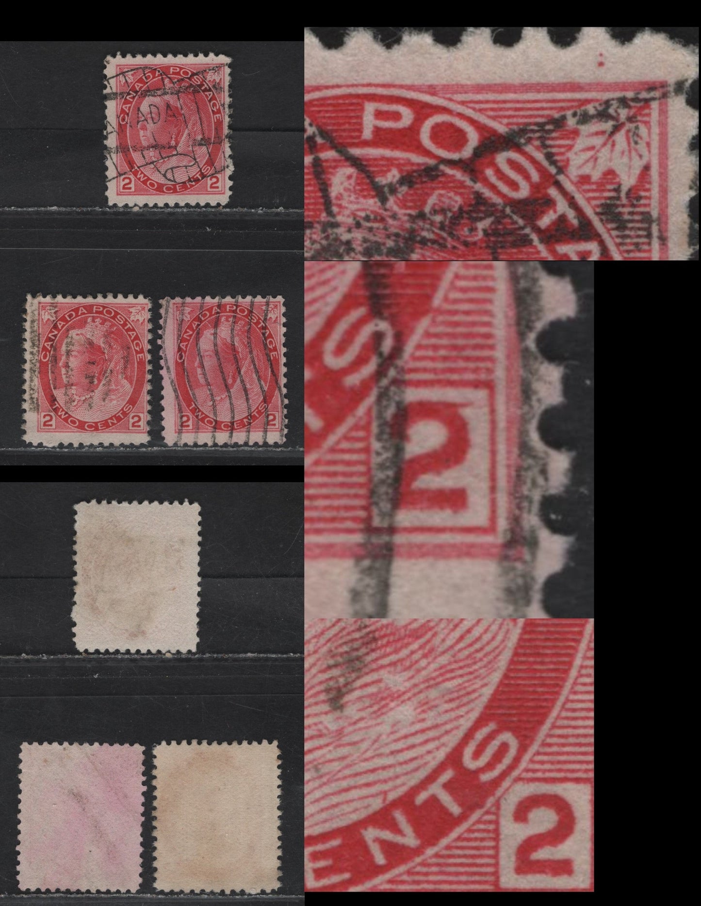 Lot 141 (C) Canada #77var 2c Carmine Red, 1898-1902 Queen Victoria Numeral Issue, 3 Fine Used Singles On Various Papers, Each Showing Constant Minor Plate Flaws