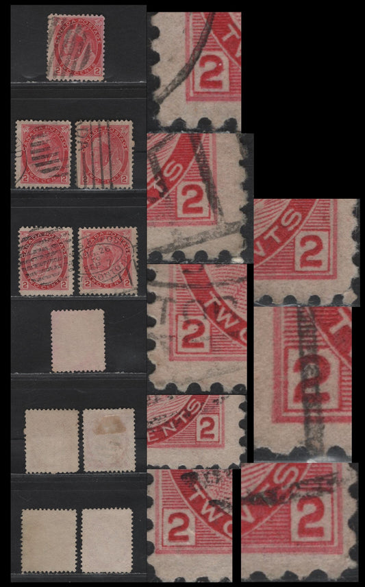 Lot 142 (C) Canada #77var 2c Carmine Rose, 1898-1902 Queen Victoria Numeral Issue, 5 VG&F Used Singles Group Of 5 Die 1 Stamps Each Showing A Slightly Different Re-Entry Involving The Lower Spandrels