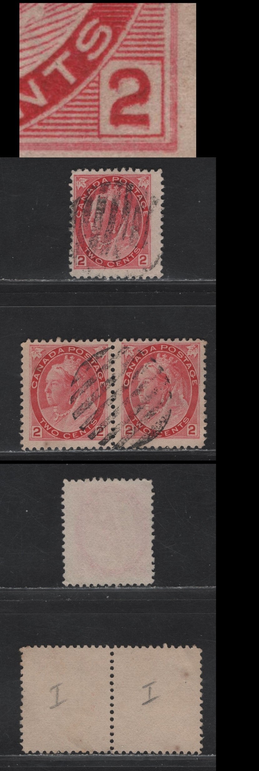 Lot 144 Canada #77var 2c Carmine & Carmine Rose, 1898-1902 Queen Victoria Numeral Issue, A Fine Used Pair And Single On Paper ABN-PP & ABN-BB, Pair Showing Re-Entry & Single Showing Strong Re-Entry In Lower Spandrels