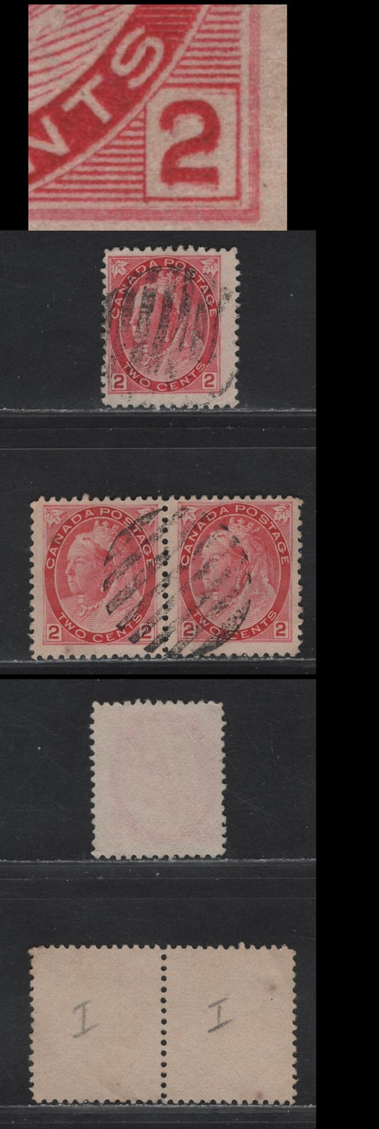 Lot 144 Canada #77var 2c Carmine & Carmine Rose, 1898-1902 Queen Victoria Numeral Issue, A Fine Used Pair And Single On Paper ABN-PP & ABN-BB, Pair Showing Re-Entry & Single Showing Strong Re-Entry In Lower Spandrels