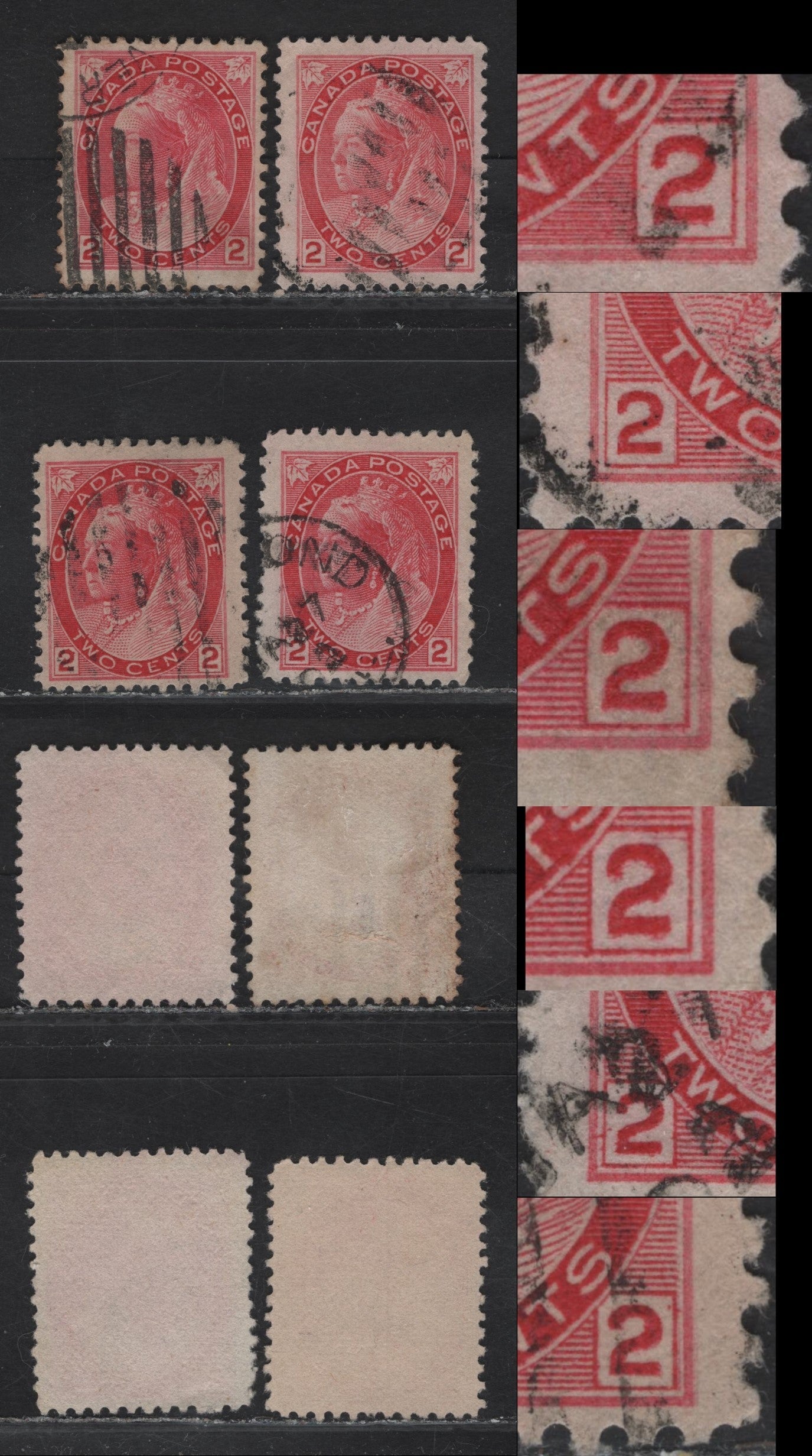 Lot 145 Canada #77var 2c Carmine Rose Shades, 1898-1902 Queen Victoria Numeral Issue, 4 F & VF Used Singles Showing Different Doubling Of The Elements In The Lower Spandrels On Various Papers Different From Other Similar Lots