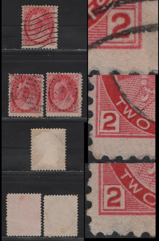 Lot 146 Canada #77a 2c Carmine Red / Rose, 1898-1902 Queen Victoria Numeral Issue, 3 Fine Used Singles Die 2, Two Show Minor Re-Entries Affecting The LR Or LL Spandrels. The 3rd Has A Small Spur On The Base Of '2'