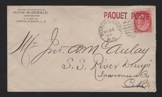 Lot 147 (C) Canada #77 2c Carmine, 1898-1902 Queen Victoria Numeral Issue, A Used Single On Cover Fake North Sydney 1902 Paquet Post To Cape Breton(Numeral Issue). B.S River Dennis Station Spit Ring, Broken Circle
