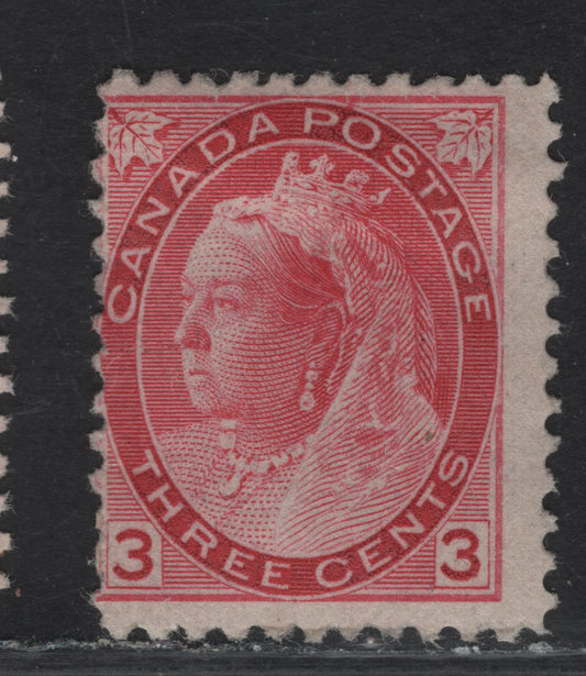 (C) Canada #78 3c Carmine, 1898-1902 Queen Victoria Numeral Issue, A VGUN Single On Paper ABN-JJ, Perf 12