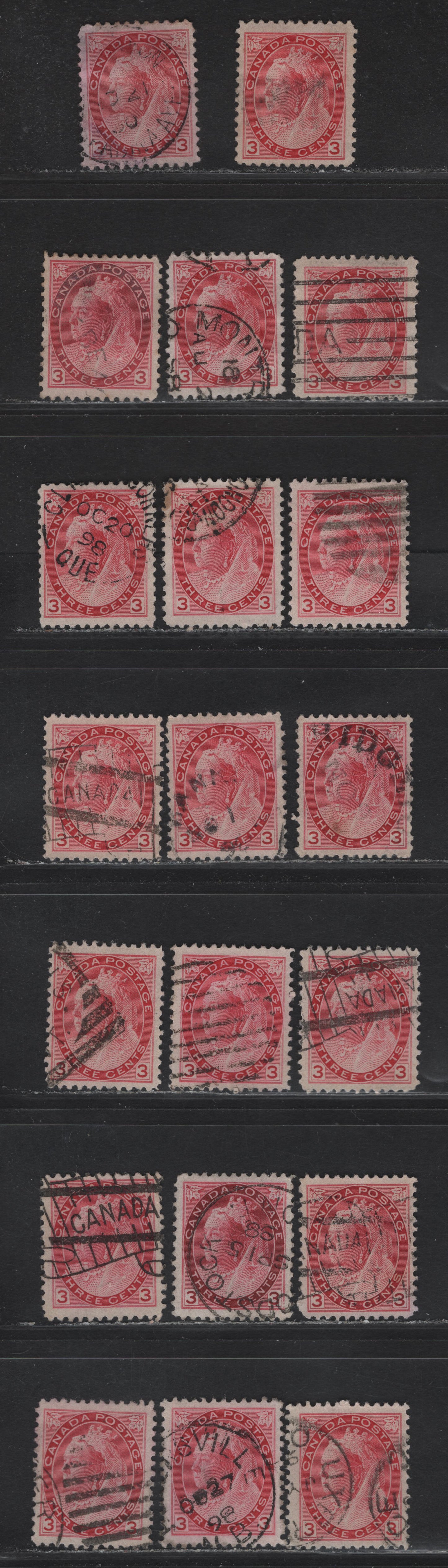 Lot 151 (C) Canada #78 3c Carmine Shades, 1898-1902 Queen Victoria Numeral Issue, 20 VF Used Singles On Different Papers, As Described Into My Detailed Table. See What you Can Make Of Them. Various Perfs