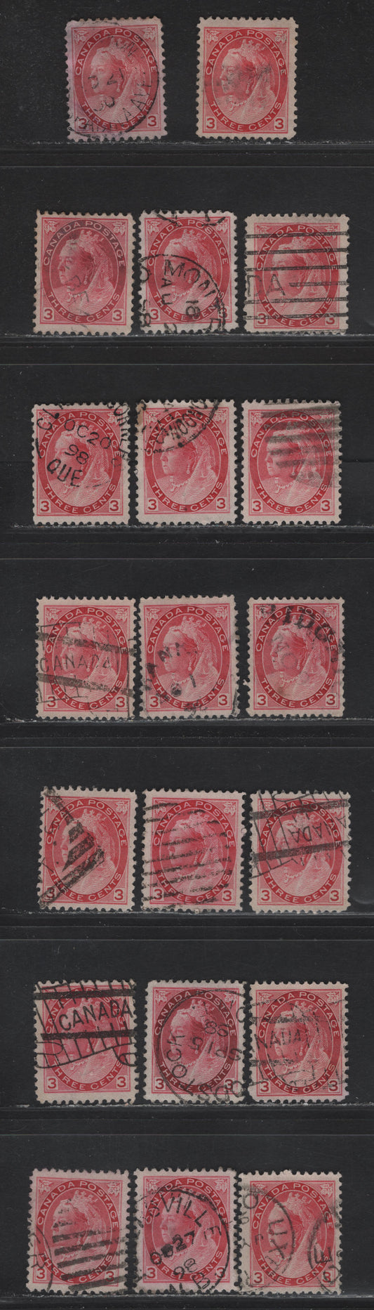 Lot 151 (C) Canada #78 3c Carmine Shades, 1898-1902 Queen Victoria Numeral Issue, 20 VF Used Singles On Different Papers, As Described Into My Detailed Table. See What you Can Make Of Them. Various Perfs