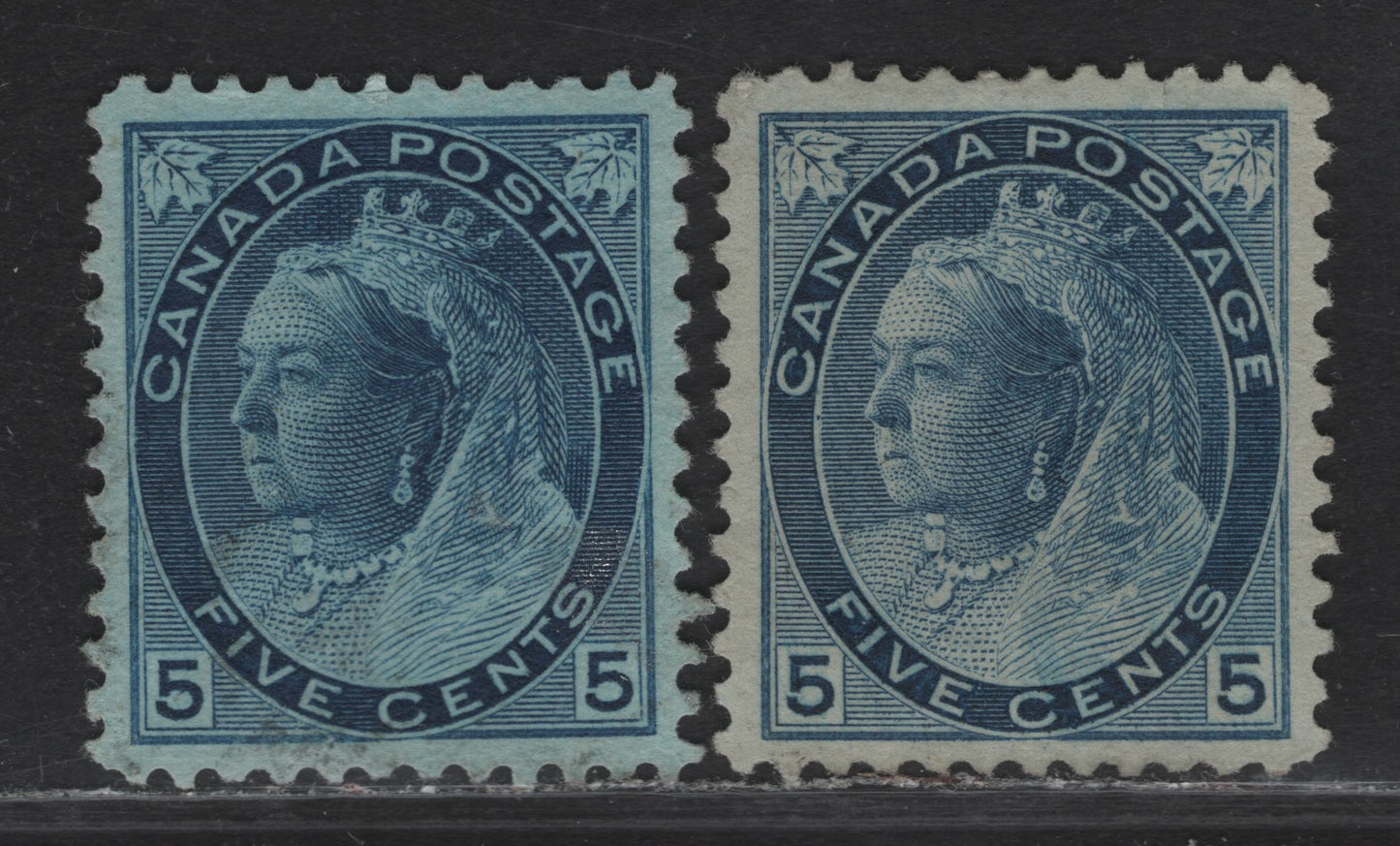Lot 152 Canada #79, 79b 5c Deep Bright Blue, 1898-1902 Queen Victoria Numeral Issue, 2 VF Used Singles On Papers ABN-SS Perf 12 And ABN-FF Perf 11.9