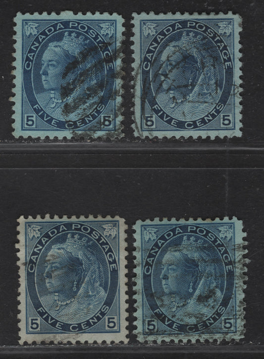 Lot 156 (C) Canada #79, 79b 5c Blue, Deep Blue, Deep Bright Blue, Indigo Blue, 1898-1902 Queen Victoria Numeral Issue, 4 Very Fine Used Singles On Papers ABN-FF And ABN-SS, Perf 12x11.9, 11.9, 12.1x12