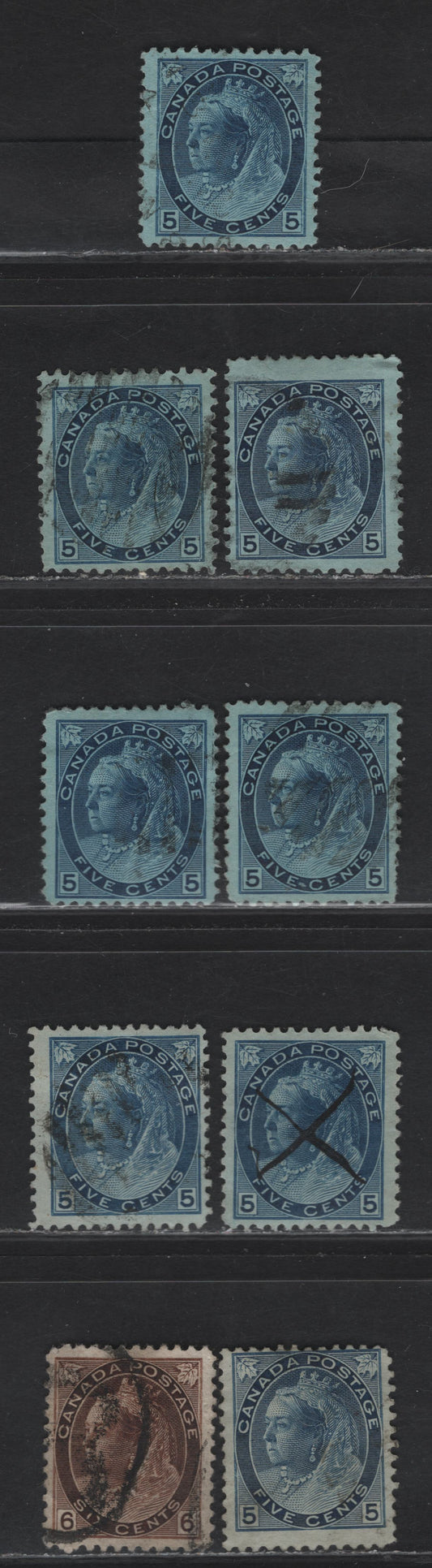 Lot 156A Canada #79, 79b, 80 5c Deep Bright Blue, Blue, Deep Blue, Indigo Blue, 6c Dark Yellowish Brown, 1898-1902 Queen Victoria Numeral Issue, 9 VG&F Used Singles On Papers ABN-FF, ABN-SS, ABN-X(6c). Unchecked As To Perfs