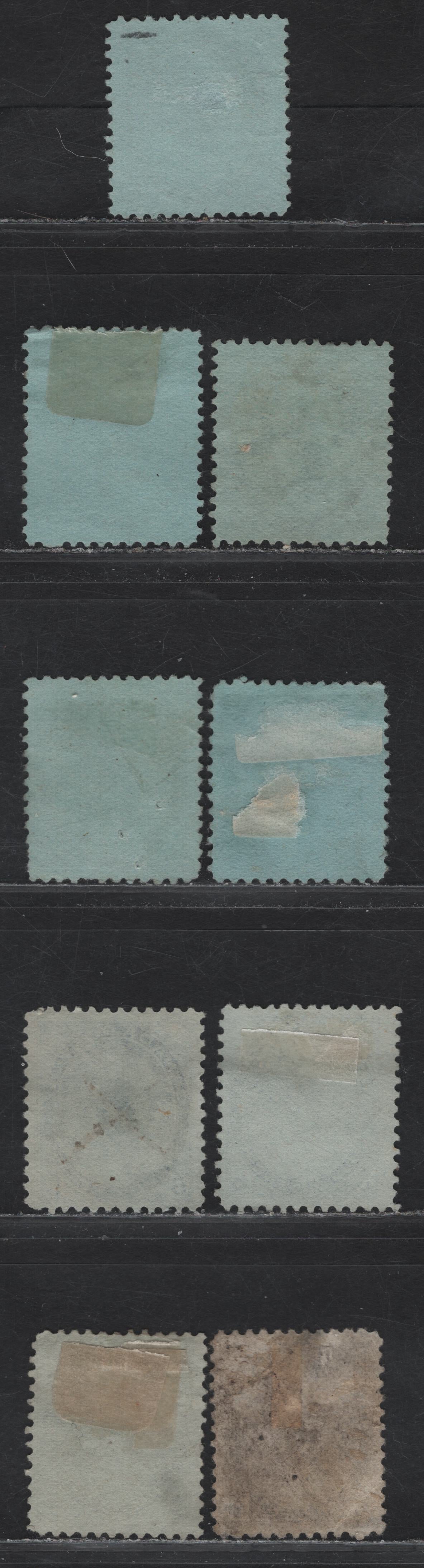 Lot 156A Canada #79, 79b, 80 5c Deep Bright Blue, Blue, Deep Blue, Indigo Blue, 6c Dark Yellowish Brown, 1898-1902 Queen Victoria Numeral Issue, 9 VG&F Used Singles On Papers ABN-FF, ABN-SS, ABN-X(6c). Unchecked As To Perfs