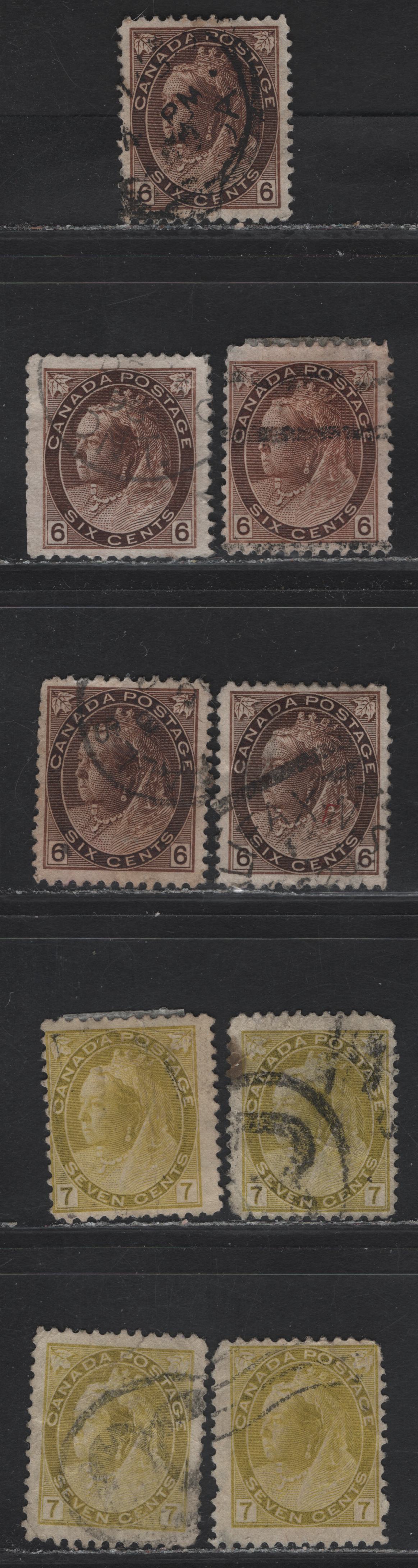 Lot 159 (C) Canada #80, 80xx, 81 6c Brown, Dark Yellow Brown, Deep Yellow Brown, 7c Olive Brown, 1898-1902 Queen Victoria Numeral Issue, 9 Ungraded Singles Study Lot Consisting Of Mainly Faulty Examples On Various Paper Types, Unchecked As To Perfs