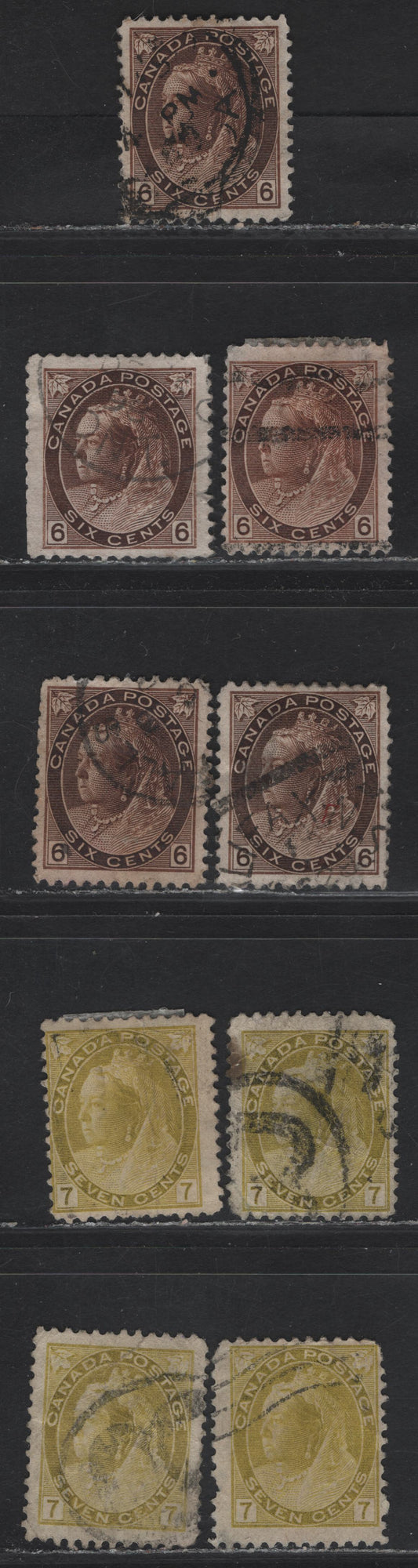 Lot 159 (C) Canada #80, 80xx, 81 6c Brown, Dark Yellow Brown, Deep Yellow Brown, 7c Olive Brown, 1898-1902 Queen Victoria Numeral Issue, 9 Ungraded Singles Study Lot Consisting Of Mainly Faulty Examples On Various Paper Types, Unchecked As To Perfs