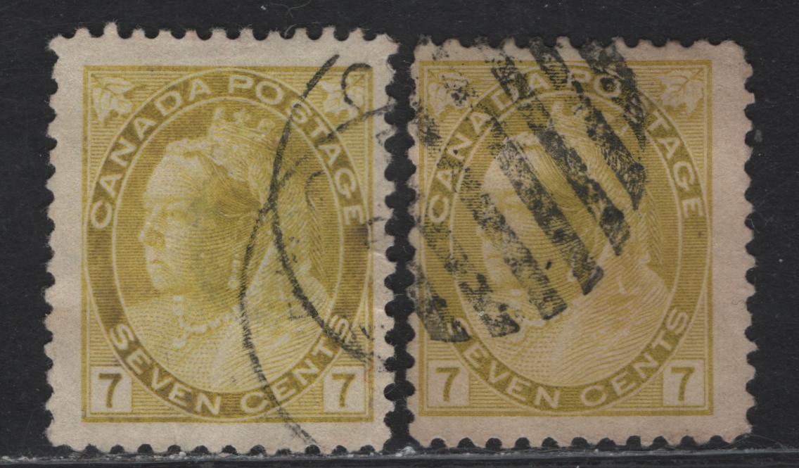 Lot 162 (C) Canada #81 7c Olive Yellow & Greenish Yellow, 1898-1902 Queen Victoria Numeral Issue, 2 Fine Used Singles On Paper ABN-AA, AND-A, Perf 12. The Olive Green Has Internal Wrinkle