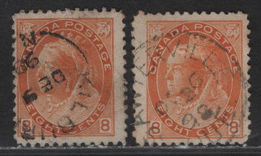 Lot 165 (C) Canada #82 8c, 1898-1902 Queen Victoria Numeral Issue, 2 Fine Used Singles Dull Orange On Paper ABN-II And Pale Dull Orange On Paper ABN-JJ. Perfs 11.9x11.8 And 12