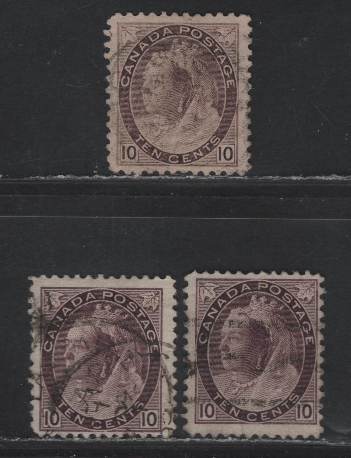 Lot 170 (C) Canada #83, 83i, 83xx 10c Dull Brown Violet - Deep Brown Purple Queen Victoria, 1898-1902 Numeral Issue, 3 Fine Used Singles, Papers ABN-RR & ABN-CC, Perfs 11.9x12, 12x11.9 & 12.9, Including One With Precancel.