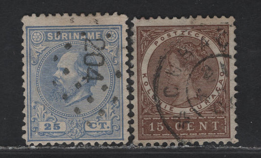 Lot 17 Surinam SC#11, 53 25c - 15c Ultramarine - Deep Brown King William II & Queen Wilhelmina, 1873-1908 King William II & Queen Wilhelmina Issues, 2 Fine Used Singles