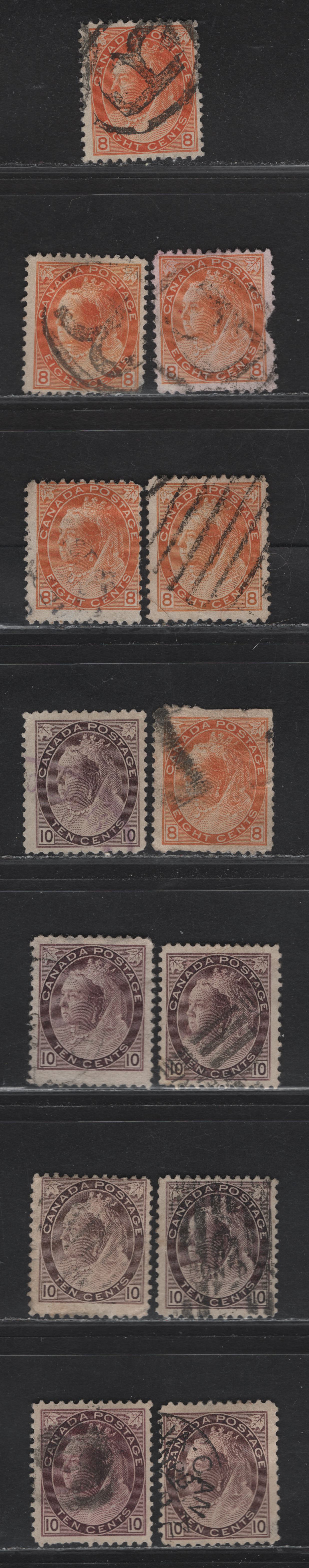 Lot 171 (C) Canada #82, 83, 83i 8c - 10c Pale Orange - Reddish Brown Purple Queen Victoria, 1898-1902 Numeral Issue, 13 Ungraded Used Singles, Various Papers Unchecked For Perfs, All With Small to Moderate Faults