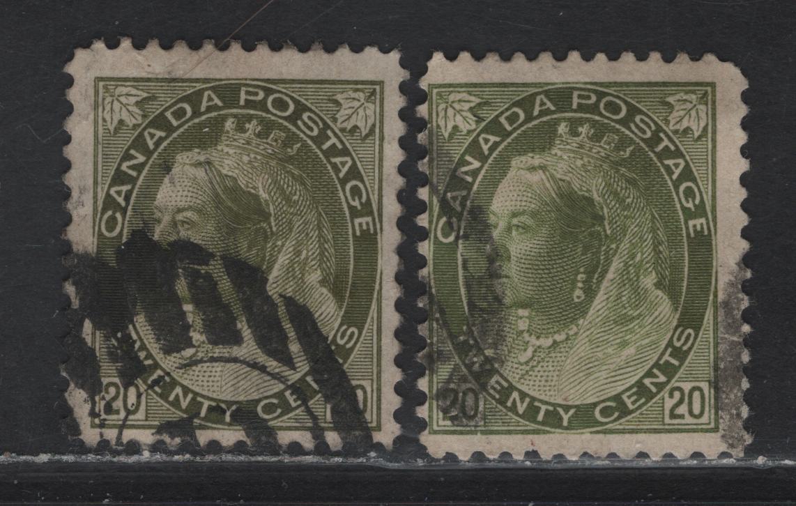 Lot 173 (C) Canada #84 20c Olive Green & Sage Green Queen Victoria, 1898-1902 Numeral Issue, 2 Very Good/Fine Used Singles Paper ABN-A, Perfs 12 & 11.0x12,