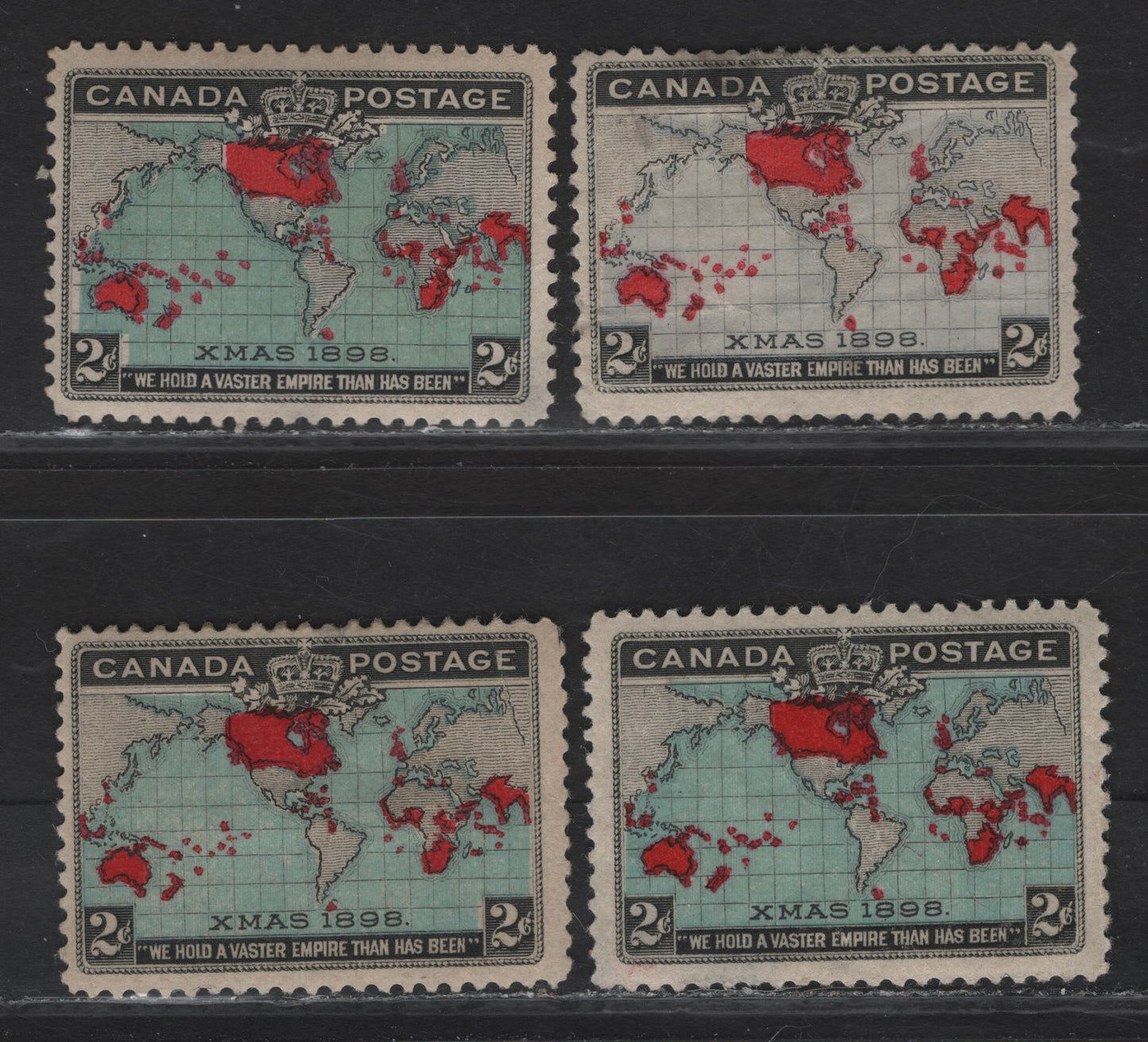 Lot 185 (C) Canada #85, 86, 86b 2c Lavender, Aniline Red & Black - Greenish Blue/Light Prussian Blue & Aniline Red/Deep Aniline Red Mercator's Projection, 1898 Imperial Penny Postage Issue, 4 Ungraded Used Singles