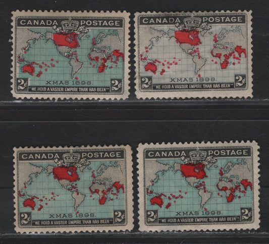 Lot 185 (C) Canada #85, 86, 86b 2c Lavender, Aniline Red & Black - Greenish Blue/Light Prussian Blue & Aniline Red/Deep Aniline Red Mercator's Projection, 1898 Imperial Penny Postage Issue, 4 Ungraded Used Singles