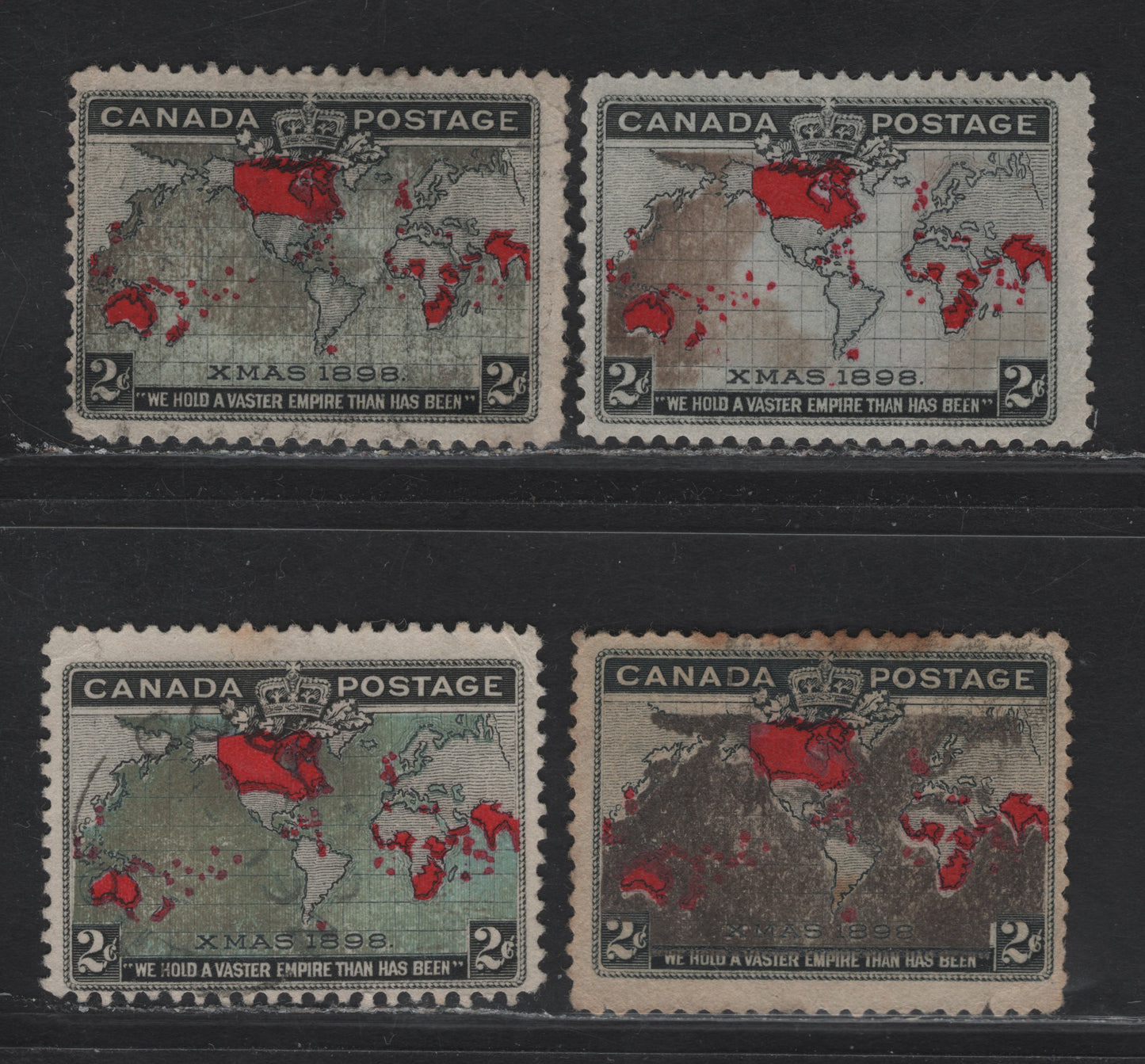 Lot 188 (C) Canada #85, 85i, 86, 86b 2c Lavender, Aniline Red & Black - Light Prussian Blue, Aniline Red & Black Mercator's Projection, 1898 Imperial Penny Postage Issue, 4 Good/Very Good/Fine Used Singles, All With Muddy Oceans