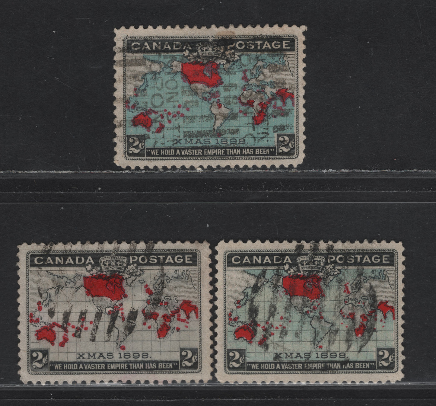 Lot 189 (C) Canada #85, 86, 86b 2c Lavender, Deep Aniline Red & Black - Light Prussian Blue, Deep Aniline Red & Black Mercator's Projection, 1898 Imperial Penny Postage Issue, 3 Very Fine Used Singles