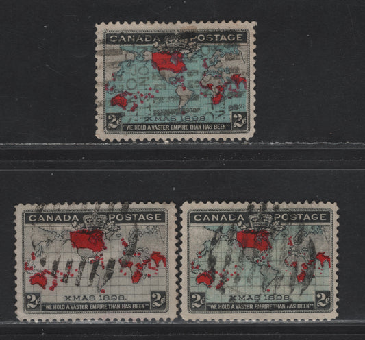 Lot 189 (C) Canada #85, 86, 86b 2c Lavender, Deep Aniline Red & Black - Light Prussian Blue, Deep Aniline Red & Black Mercator's Projection, 1898 Imperial Penny Postage Issue, 3 Very Fine Used Singles