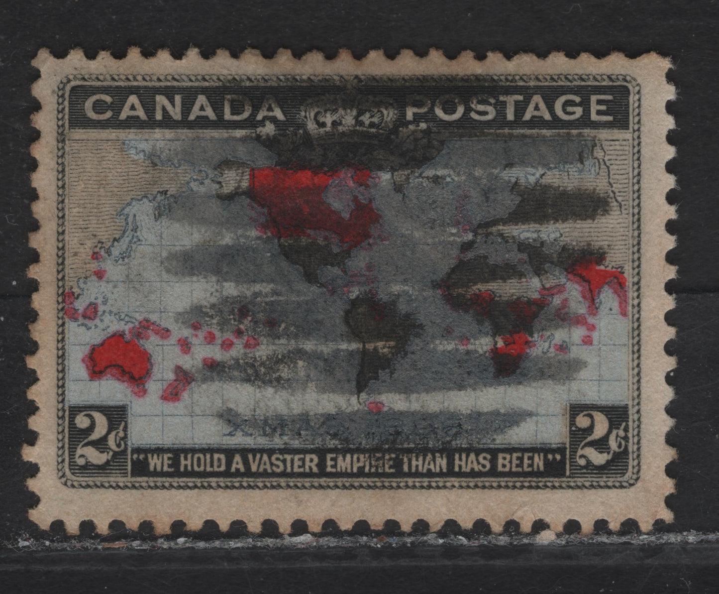 Lot 190 (C) Canada #85 2c Deep Lavender, Deep Red & Black Mercator's Projection, 1898 Imperial Penny Postage Issue, A Fine Used Single, Deepest Lavender Color I Have Ever Seen On This Stamp, True Lavender is The Scarcest of The Colors, Some Toning.