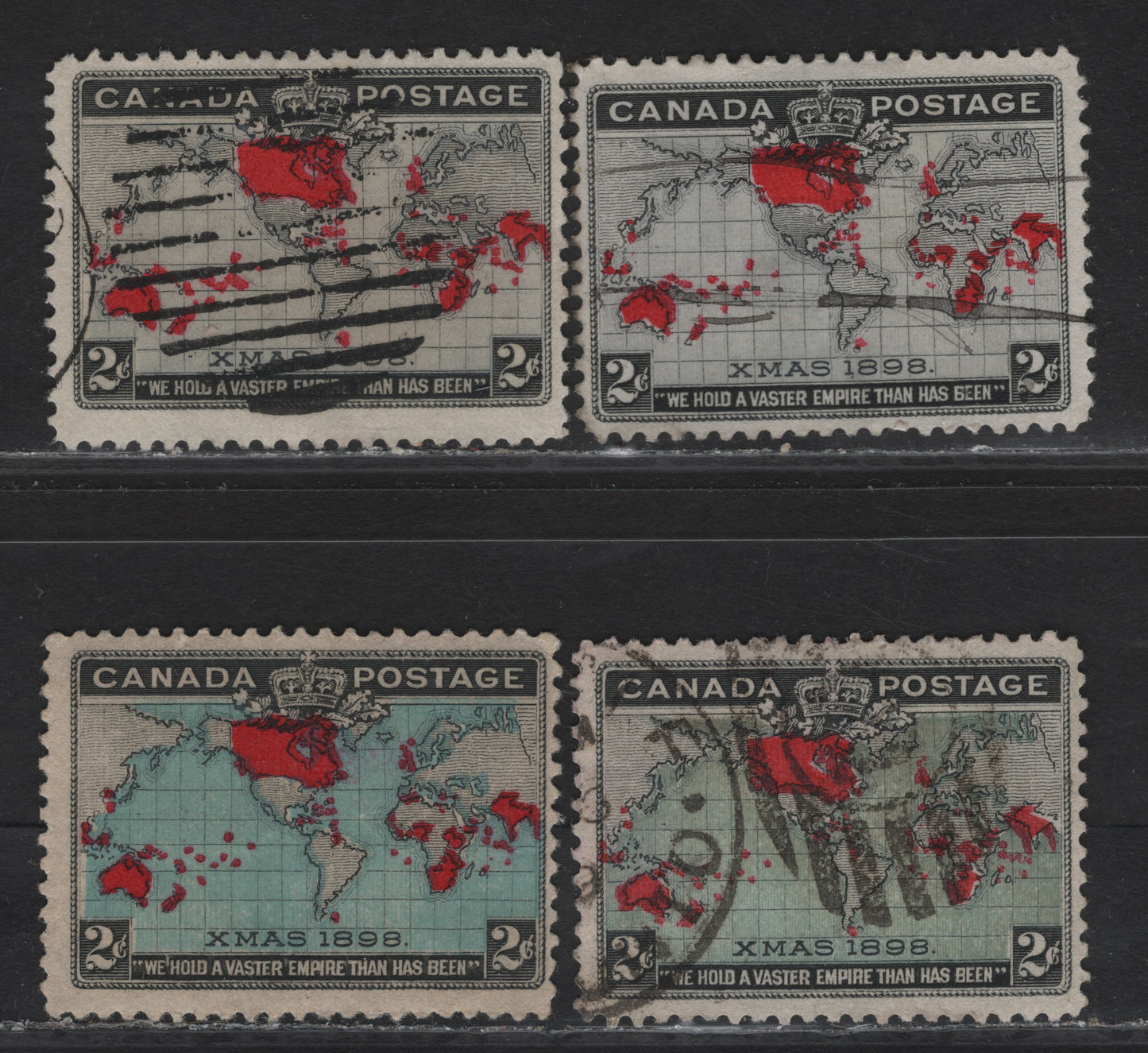 Lot 191 (C) Canada #85, 85i, 86, 86b 2c Lavender/Gray/Greenish Blue/Light Prussian Blue, Deep Aniline Red & Black Mercator's Projection, 1898 Imperial Penny Postage Issue, 3 Fine Used Singles, All Four Ocean Colors