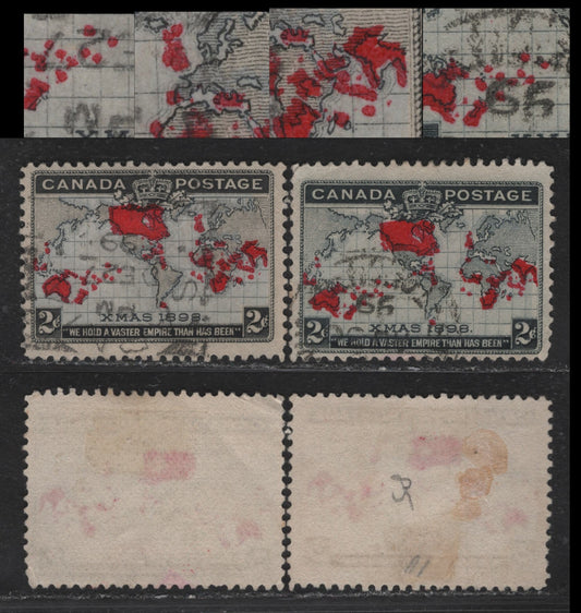 Lot 193 (C) Canada #85 2c Lavender, Deep Aniline Red & Black Mercator's Projection, 1898 Imperial Penny Postage Issue, 2 Very Good/Fine Used Singles, Papers ABN-X & ABN-AA, Showing Extra Islands & Territories