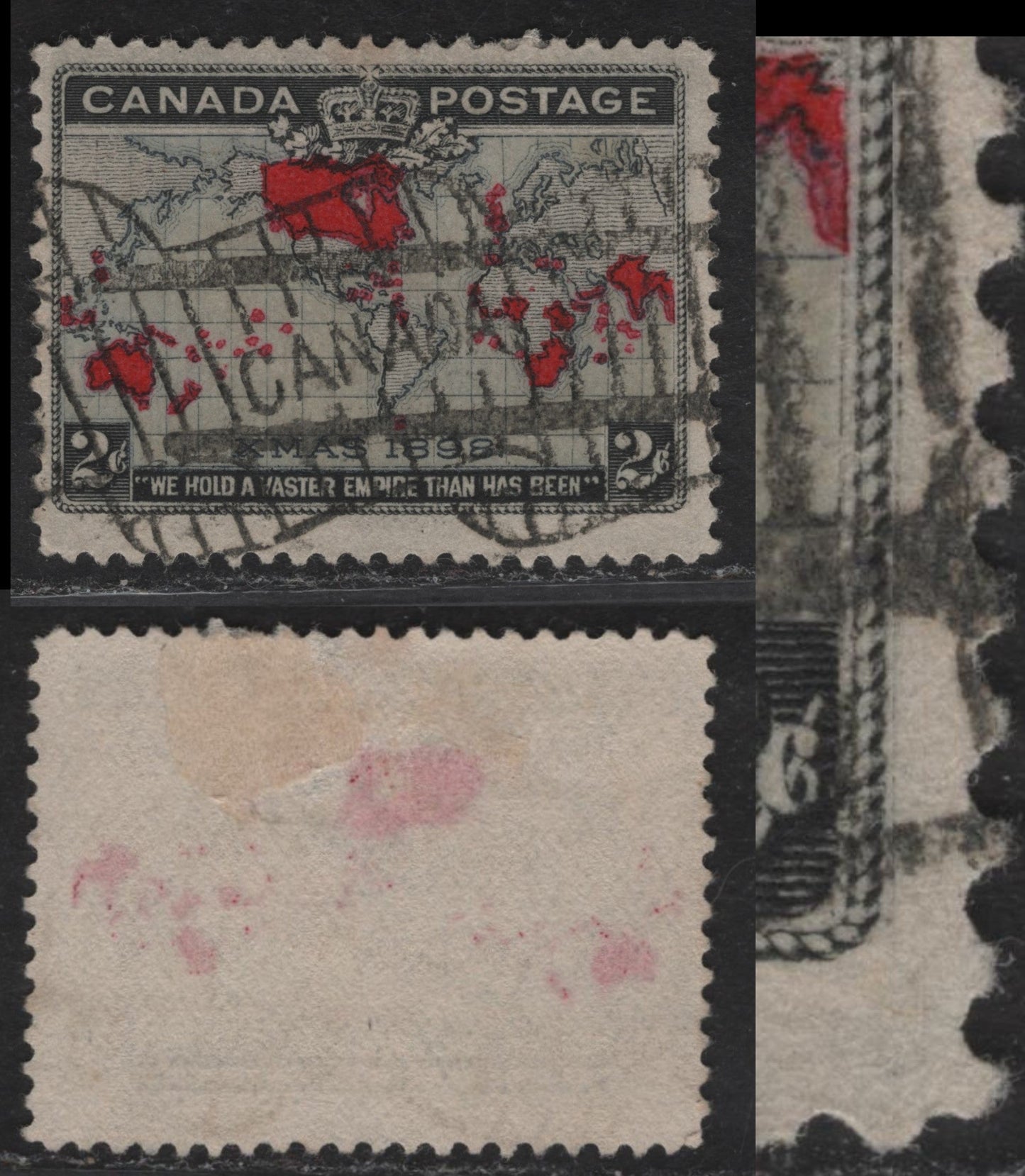 Lot 194 (C) Canada #85i 2c Deep Lavender Gray, Deep Aniline Red & Black Mercator's Projection, 1898 Imperial Penny Postage Issue, A Fine Used Single, Showing Major Re-Entry In Which There Is Much Doubling Of The Right Cable, Paper ABN-X, Perf 12.