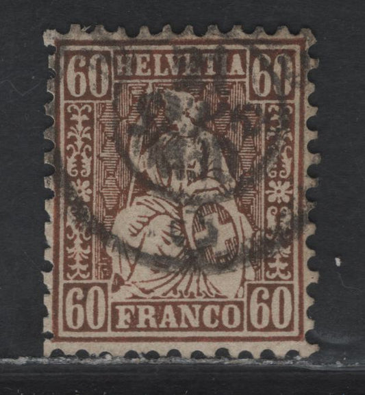 Lot 20 Switzerland SC#48 60c Bronze Seated Helvetia, 1862-1864 Seated Helvetia Issue, A Fine Used Single, Left Perfs Do Gauge 11.5 & They Align With Those On The Opposite Side, Despite Irregular Appearance, I Do Think They Are Original