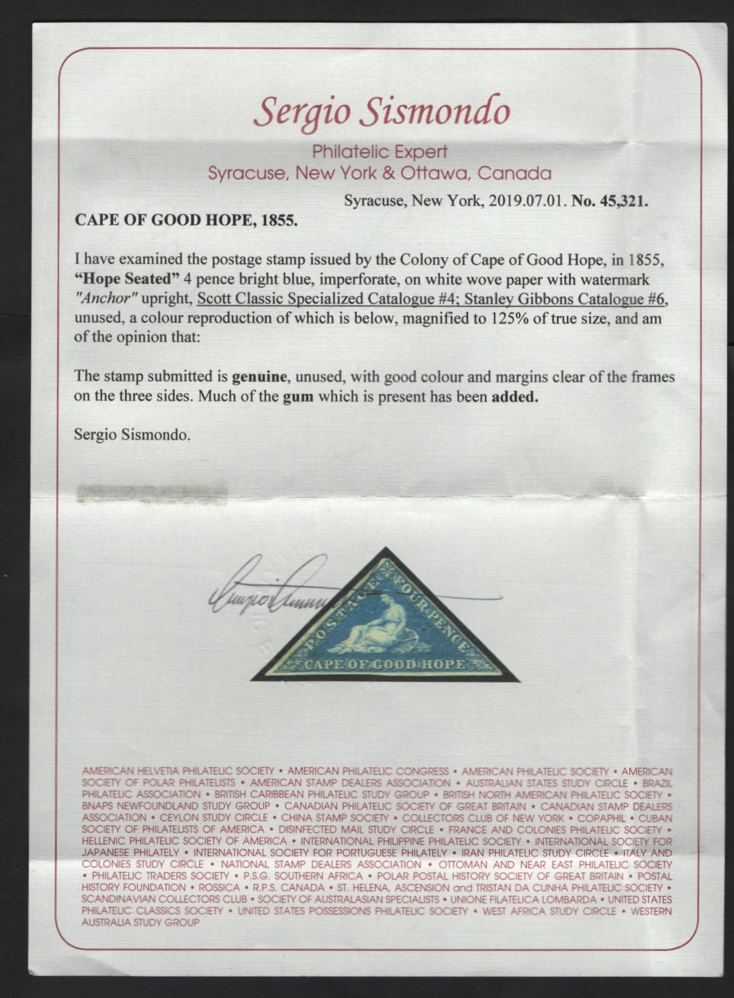 Lot 2 Cape of Good Hope SG#4a 4d Blue Reclining Hope, 1853 Reclining Hope Issue, A FOG Single, 3 Clear Margins - 1 Full & Two Close, Scarce Mint Stamp, Large Part Gum Which Appears To Be Original, But Cert Says Has Been Added.