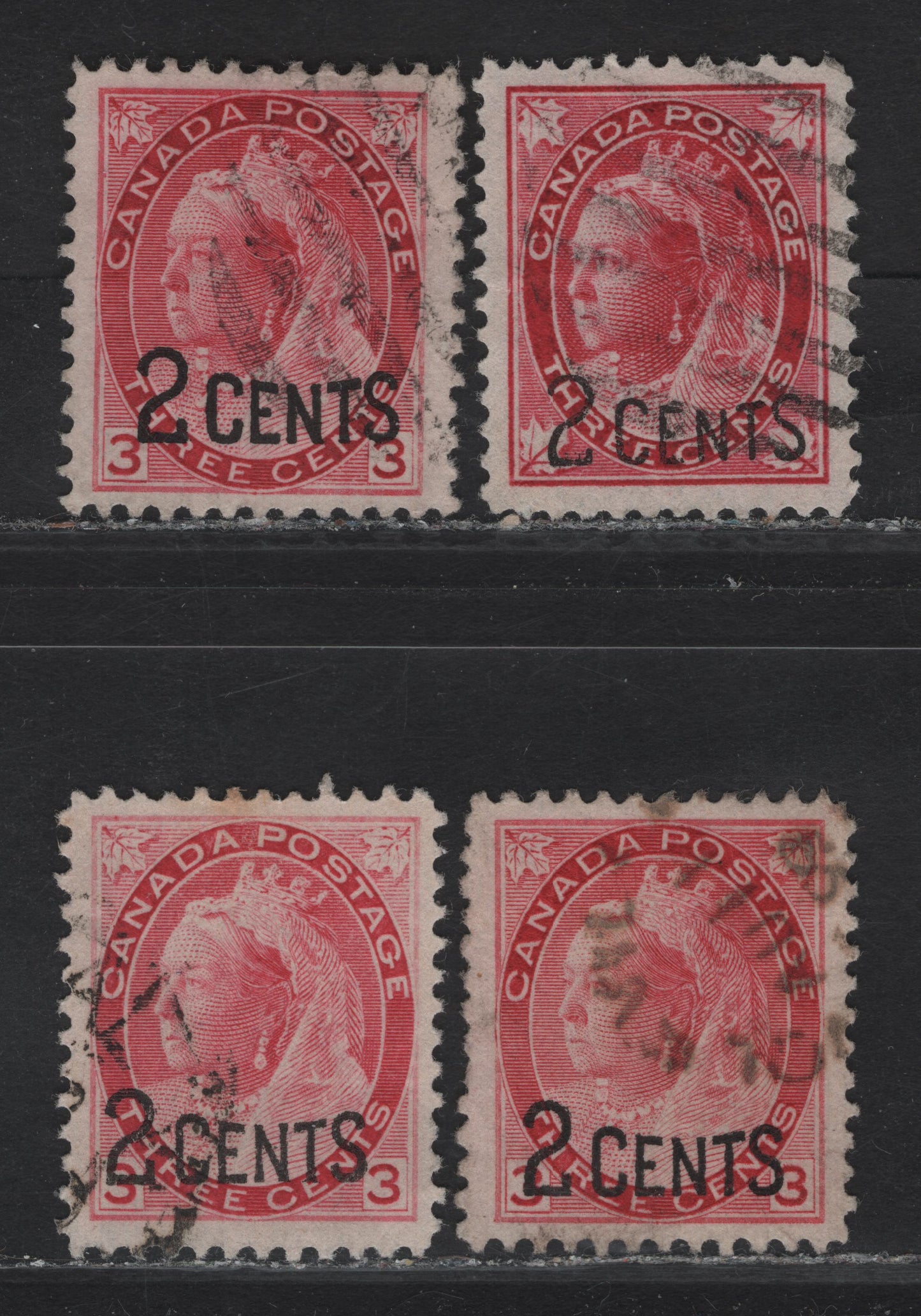 (C) Canada #87-88 2c on 3c Rosine, Deep Rosine, Carmine & Pale Carmine Queen Victoria, 1899 Provisional Issue, 4 Very Fine Used Singles