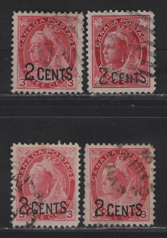 Lot 204 (C) Canada #87-88 2c on 3c Rosine, Deep Rosine, Carmine & Pale Carmine Queen Victoria, 1899 Provisional Issue, 4 Very Fine Used Singles