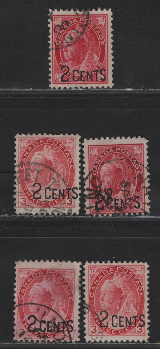 Lot 205 (C) Canada #87-88 2c on 3c Carmine, Bright Carmine Rosine & Pale Rosine Queen Victoria, 1899 Provisional Issue, 4 Fine Used Singles, Thick & Thin Overprint Fonts