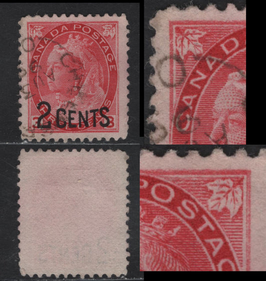 Lot 206 (C) Canada #88var 2c on 3c Bright Rosine Queen Victoria, 1899 Provisional Issue, A Very Fine Used Single, Paper ABN-AA, Perf 12x11.9, Showing Major Re-entry Showing Doubling Of 'NADA PO' & 'E CEN' Both 3's & The Upper Oval.