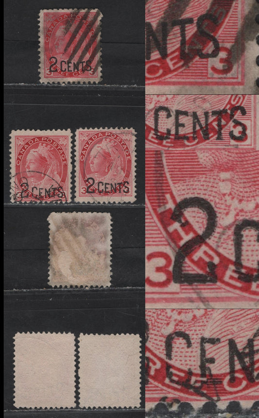 Lot 207 (C) Canada #88 2c on 3c Rosine & Bright Rosine Queen Victoria, 1899 Provisional Issue, 3 Fine Used Singles, Overprint Varieties