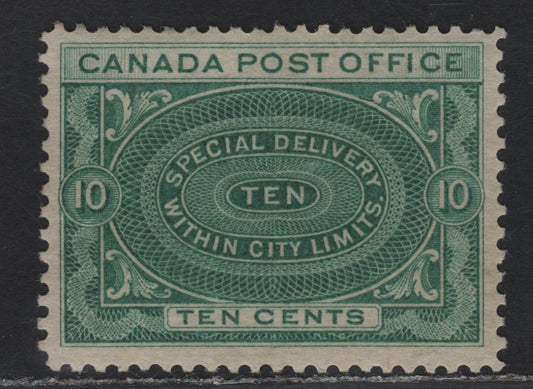 Lot 208 (C) Canada #E1 10c Bluish Green Special Delivery, 1898 Special Delivery Issue, A FOG Single, Paper ABN-L, Perf 12, Design Size 31.75x22.75mm.