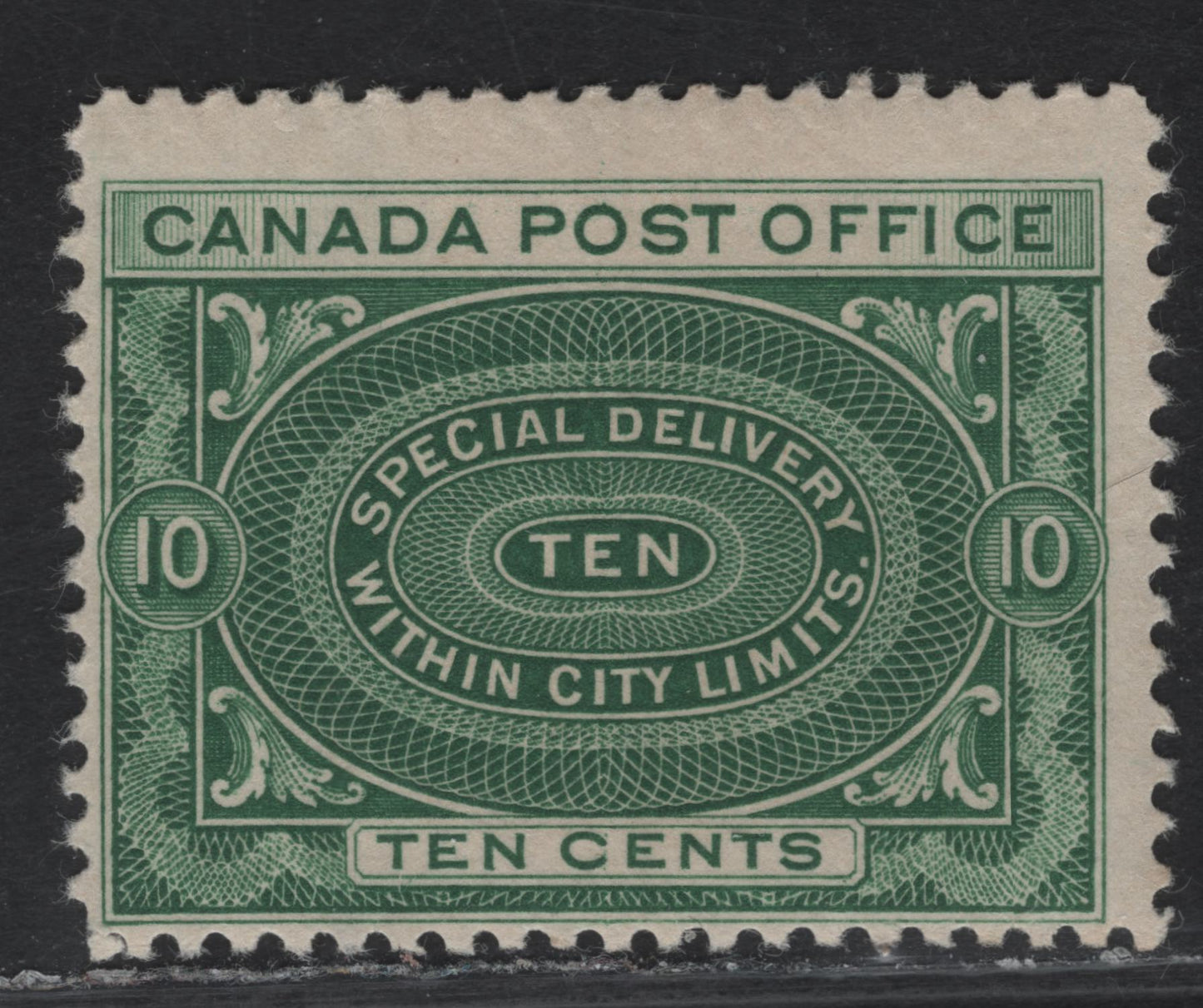 Lot 210 (C) Canada #E1a 10c Green Special Delivery, 1898 Special Delivery Issue, A FOG Single, Paper ABN-K, perf 12x11.9, Design Size 31.5x23mm.