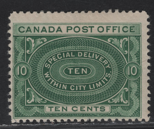 Lot 210 (C) Canada #E1a 10c Green Special Delivery, 1898 Special Delivery Issue, A FOG Single, Paper ABN-K, perf 12x11.9, Design Size 31.5x23mm.
