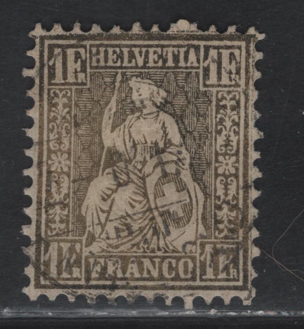 Lot 21 Switzerland SC#50a 1fr Yellow Bronze Seated Helvetia, 1862-1864 Seated Helvetia Issue, A Very Fine Used Single, Beautifully Centered, Lightly Cancelled Example